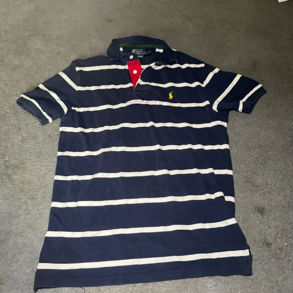 Polo Ralph Lauren Mens Medium Navy White Striped Pique Polo Shirt Yellow Pony